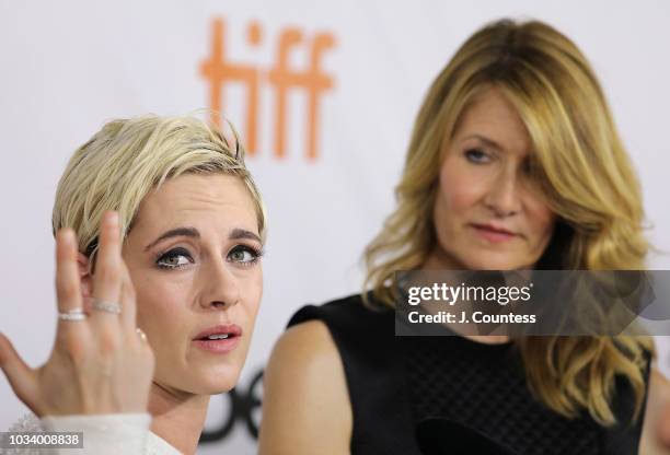 Kristen Stewart and Laura Dern speak to the media at the premiere of "Jeremiah Terminator LeRoy" at Roy Thomson Hall on September 15, 2018 in...