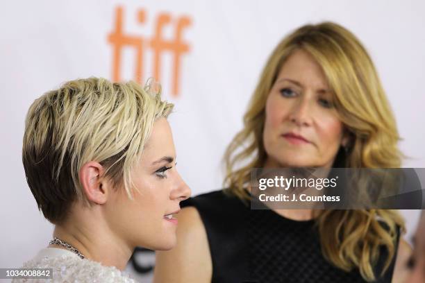 Kristen Stewart and Laura Dern speak to the media at the premiere of "Jeremiah Terminator LeRoy" at Roy Thomson Hall on September 15, 2018 in...