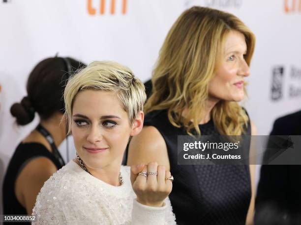 Kristen Stewart and Laura Dern speak to the media at the premiere of "Jeremiah Terminator LeRoy" at Roy Thomson Hall on September 15, 2018 in...