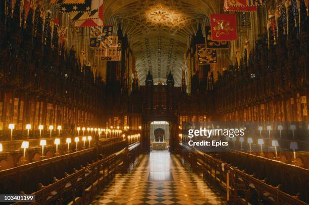 The interior of St George's chapel, Windsor Castle, Berkshire, circa 1990. The chapel has been the site of many royal weddings.