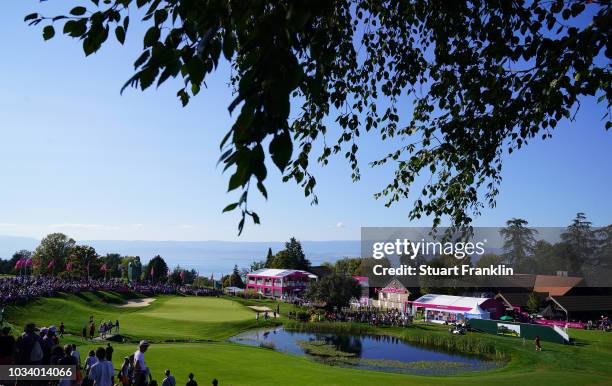 General view of the 18th hole during the third round of The Evian Championship at Evian Resort Golf Club on September 15, 2018 in Evian-les-Bains,...