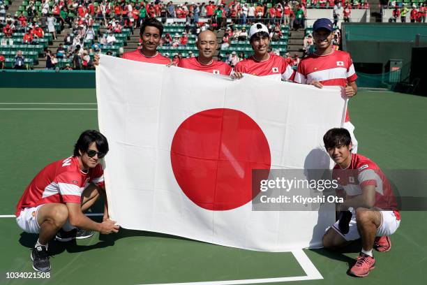 Members of the Japan Davis Cup team Taro Daniel, Yasutaka Uchiyama, team captain Satoshi Iwabuchi, Yosuke Watanuki, Ben McLachlan and Yoshihito...