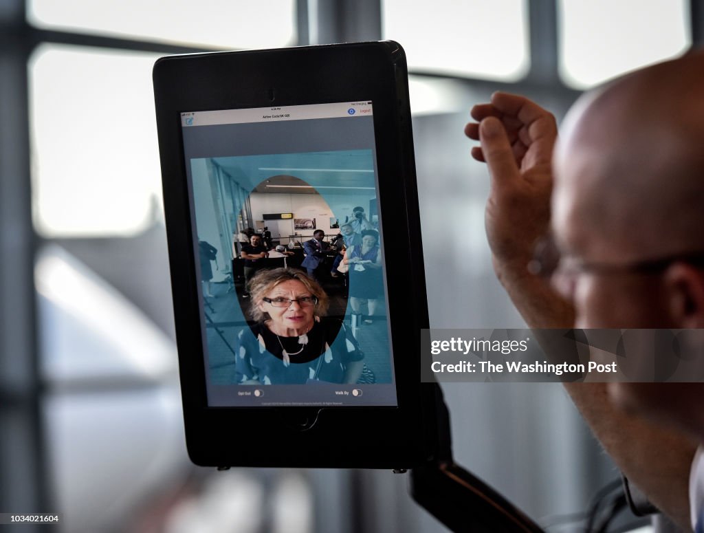 Dulles airport officials unveil new biometric facial recognition scannsers in Dulles, VA.
