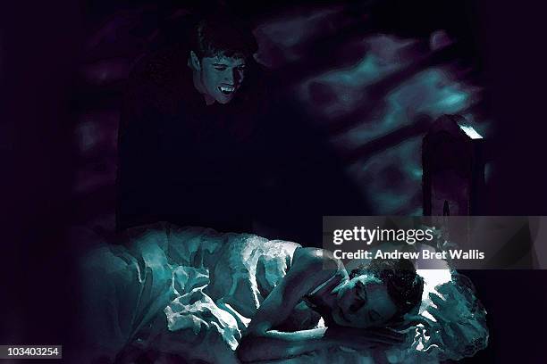 vampire at a young woman's bedside at night - andrew eldritch stock-fotos und bilder