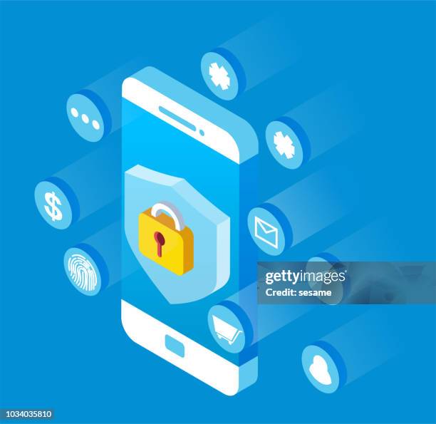 isometric mobile phone network security - pad lock stock illustrations