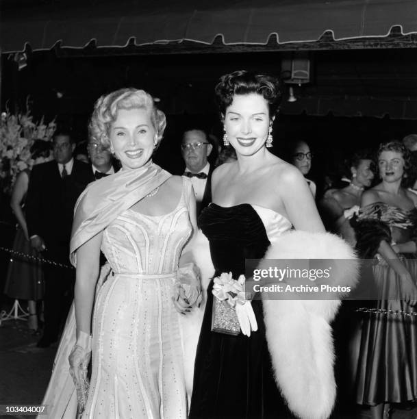 Hungarian-American actress Zsa Zsa Gabor with dancer, singer and actress Ann Miller at the Hollywood premiere of 'Executive Suite', 15th April 1954.