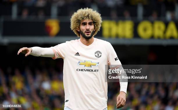 Marouane Fellaini of Manchester United in action during the Premier League match between Watford FC and Manchester United at Vicarage Road on...