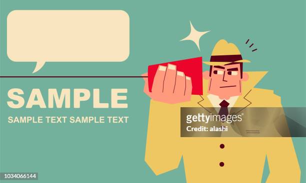retro detective (spying man) on paper cup and string phone (tin can phone) - mystery detective stock illustrations