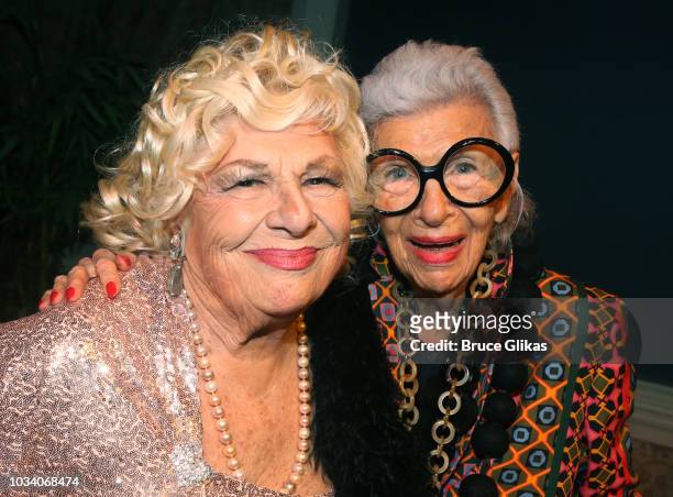 Renee Taylor and Iris Apfel pose backstage at "My Life On A Diet" at the Theatre at St Clement's Church on September 9, 2018 in New York City.