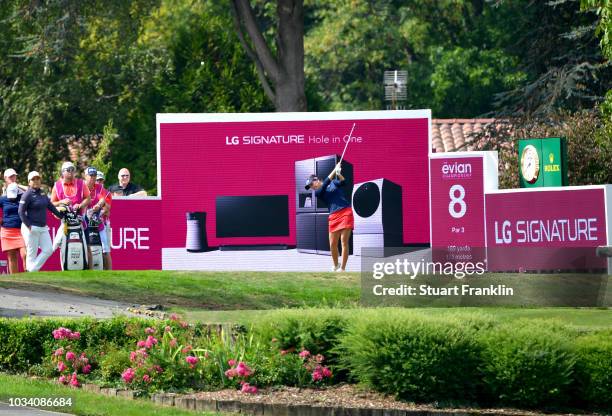 Georgia Hall of England tees off on the 8th hole during Day Four of The Evian Championship 2018 at Evian Resort Golf Club on September 16, 2018 in...