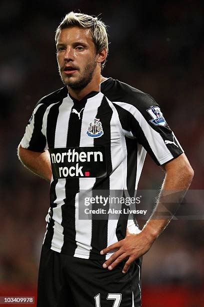 Alan Smith of Newcastle United looks on during the Barclays Premier League match between Manchester United and Newcastle United at Old Trafford on...