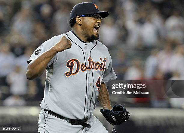 Jose Valverde of the Detroit Tigers celebrates the final out of the game against the New York Yankees on August 16, 2010 at Yankee Stadium in the...