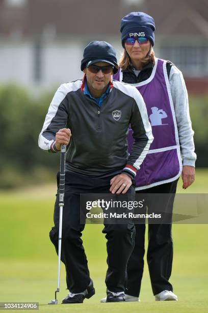 Paul Streeter of England looks on at the 3rd green during Day Three of the Scottish Senior Open at Craigielaw Golf Club on September 16, 2018 in...