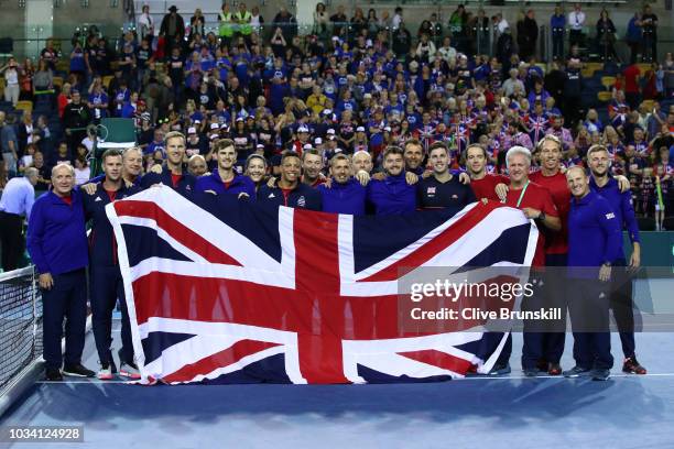 The Great Britain team celebrate after beating the Uzbekistan team in the World Group Play Off during day three of the Davis Cup by BNP Paribas World...