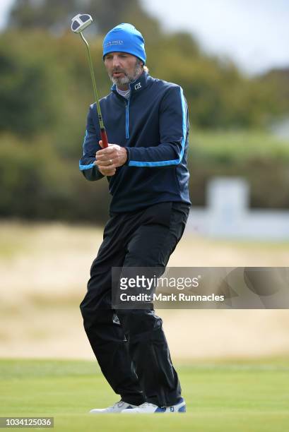 David Shacklady of England putting at the 3rd green during Day Three of the Scottish Senior Open at Craigielaw Golf Club on September 16, 2018 in...