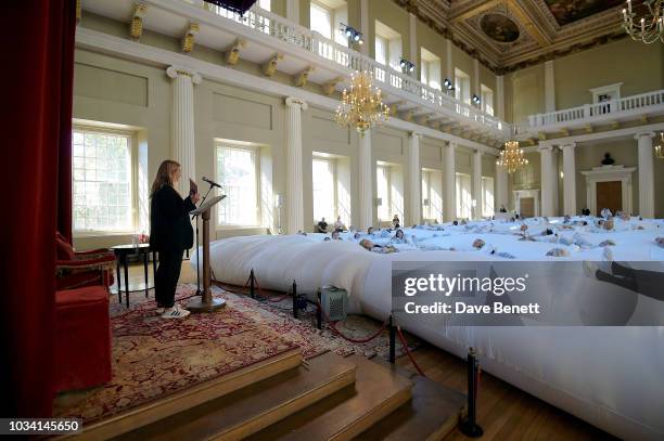 Fashion designer Anya Hindmarch speaks during Anya Hindmarch Chubby Cloud London Fashion Week at Banqueting House on September 16, 2018 in London,...