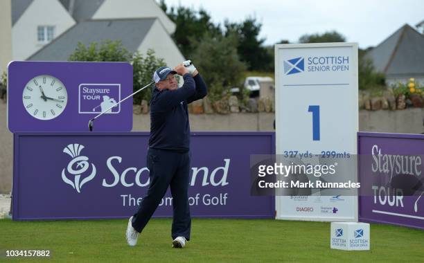 Ian Woosnam of Wales plays his tee shot to the 1st hole during Day Three of the Scottish Senior Open at Craigielaw Golf Club on September 16, 2018 in...