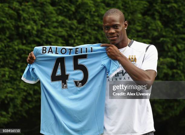 Mario Balotelli of Manchester City faces the media at the Carrington Training Complex on August 17, 2010 in Manchester, England.