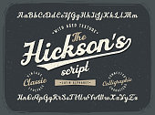 Vintage calligraphic script font set with old style aged texture