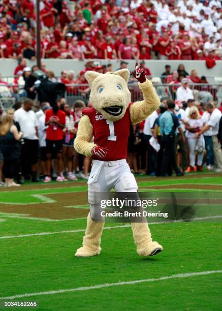 Oklahoma Sooners mascot Boomer performs during the game against the UCLA Bruins at Gaylord Family Oklahoma Memorial Stadium on September 8, 2018 in...