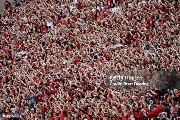 Oklahoma Sooners fans chant during the game against the UCLA Bruins at Gaylord Family Oklahoma Memorial Stadium on September 8, 2018 in Norman,...