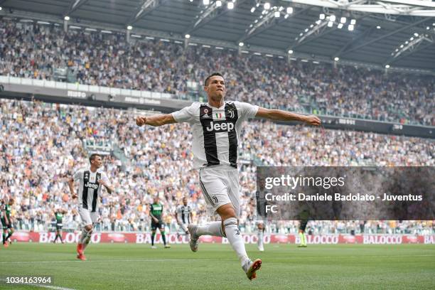 Cristiano Ronaldo of Juventus celebrates his goal of 1-0 during the serie A match between Juventus and US Sassuolo at Allianz Stadium on September...