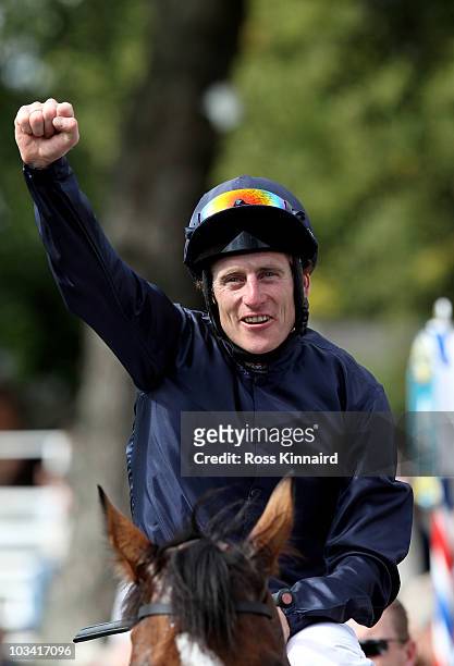 Johnny Murtagh celebrates after he wins the Juddmonte International Stakes during the Yorkshire Ebor Festival at York Race Track on August 17, 2010...