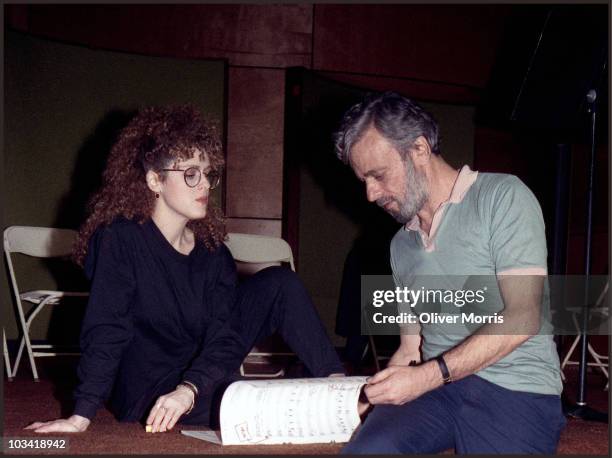 Actress Bernadette Peters, who plays the Witch, rehearses with songwriter and lyricist Stephen Sondheim during the original cast recording of the...