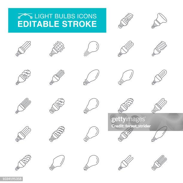 stockillustraties, clipart, cartoons en iconen met light bulbs bewerkbare beroerte pictogrammen - led-lampje