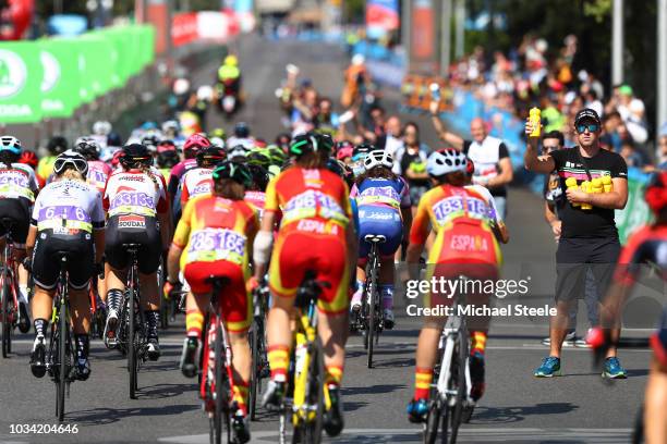 Georgia Williams of Australia and Team Mitchelton-Scott / Ana Usabiaga Balerdi of Spain and National Team of Spain / Soigneur / Feed Zone / Peloton /...