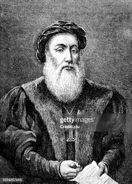 portrait of vasco da gama, discoverer of the sea route to east india - vasco da gama stock illustrations