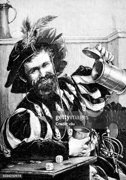a cheerful drinker with beer mug and dices - men drinking beer stock illustrations