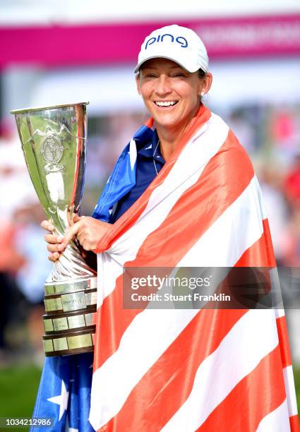 Angela Stanford of the United States celebrates winning the Evian Championship with the trophy during Day Four of The Evian Championship 2018 at...