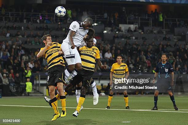 Sebastien Bassong of Tottenham scores his sides first goal during the UEFA Champions League Play-Off first leg match between BSC Young Boys and...