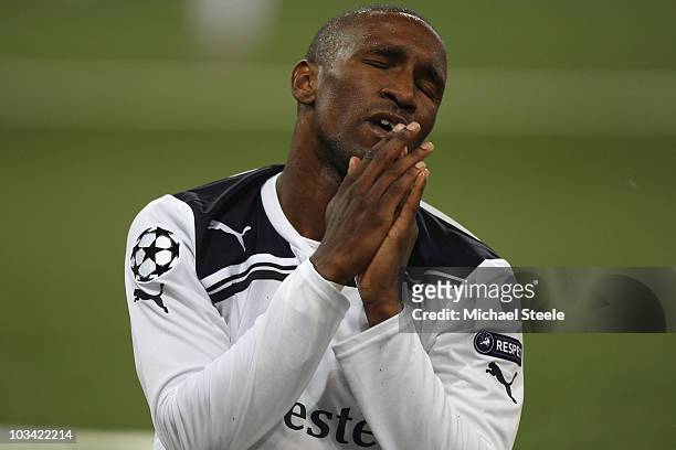 Jermain Defoe of Tottenham rues a missed chance during the UEFA Champions League Play-Off first leg match between BSC Young Boys and Tottenham...