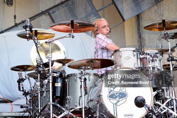 Drummer Morgan Rose of Sevendust performs during The Carnival of Madness Tour at the Charter One Pavilion at Northerly Island in Chicago, Illinois on...