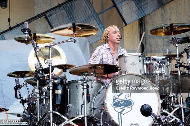 Drummer Morgan Rose of Sevendust performs during The Carnival of Madness Tour at the Charter One Pavilion at Northerly Island in Chicago, Illinois on...