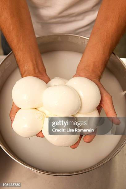 man holding fresh made burrata mozzarella cheese - mozzarella stock pictures, royalty-free photos & images