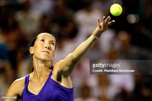 Jelena Jankovic of Serbia serves to Iveta Benesova of the Czech Republic during the Rogers Cup at Stade Uniprix on August 17, 2010 in Montreal,...