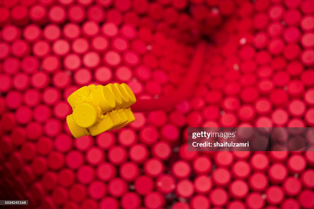 Hibiscus made from plastic bottle caps for earth conservation campaign.