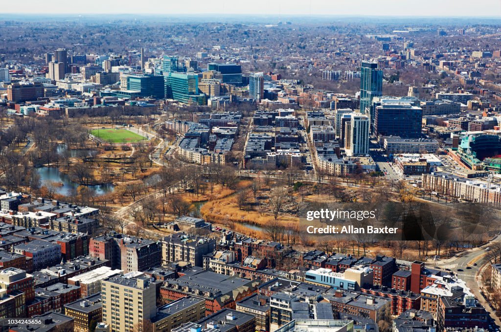 Aerial view of the 'Back Bay Fens' of Boston at sunrise