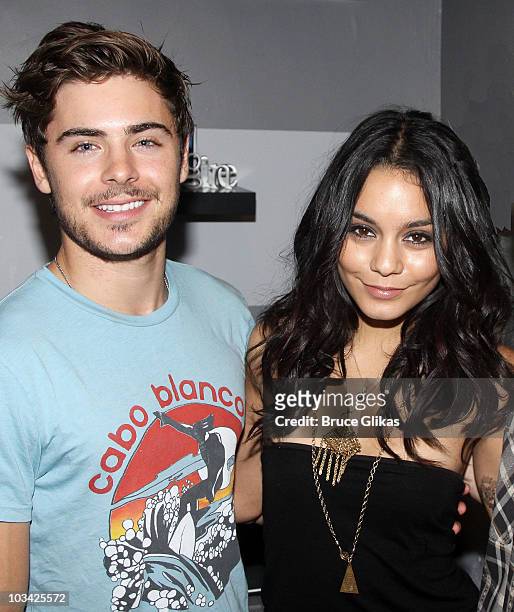 Zac Efron and Vanessa Hudgens pose backstage at the 2010 Tony Winning Best Musical "Memphis" on Broadway at the Shubert Theatre on August 17, 2010 in...