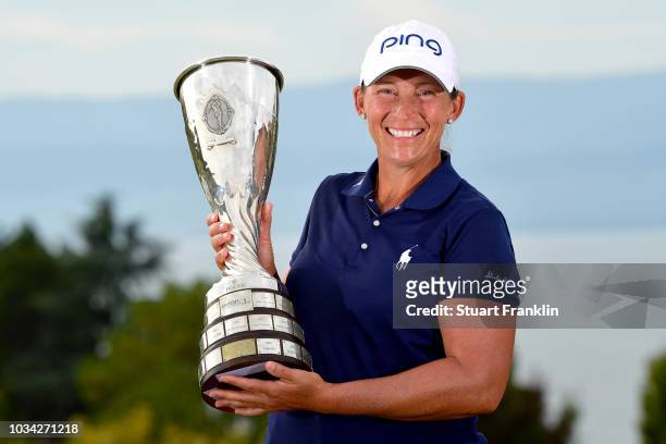 Angela Stanford of the United States celebrates winning the Evian Championship with the trophy during Day Four of The Evian Championship 2018 at...