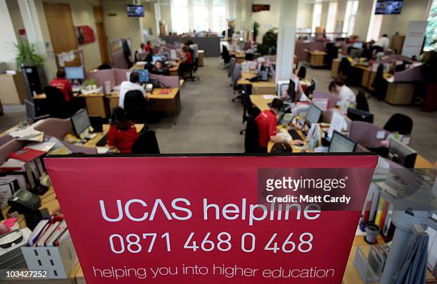 Employees in the UCAS clearing house call centre answers telephone enquiries as they prepare to assist A-level students ahead of results day on...
