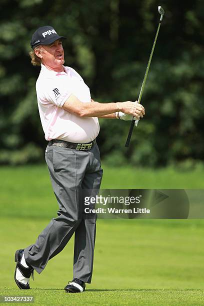 Miguel Angel Jimenez of Spain plays his second shot into the 18th green during the Pro-Am of the Czech Open 2010 at Prosper Golf Resort on August 18,...