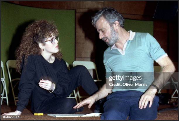 Actress Bernadette Peters, who plays the Witch, rehearses with songwriter and lyricist Stephen Sondheim during the original cast recording of the...