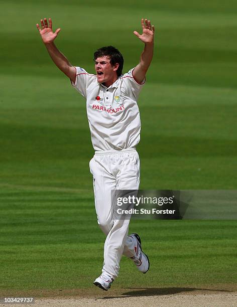 Glamorgan bowler James Harris appeals in vain during day three of the LV County Championship division two game between Glamorgan and Middlesex at...