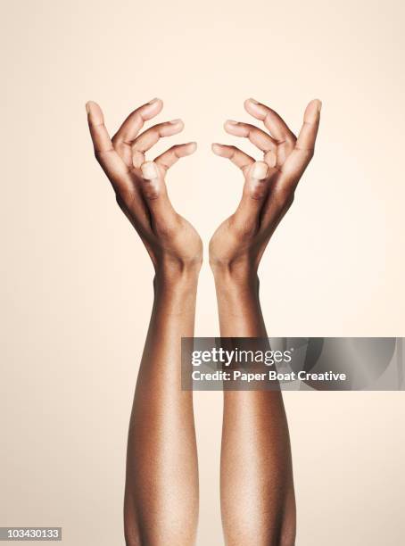 beautiful hands forming an elegant floral shape - gesticulando con la mano fotografías e imágenes de stock