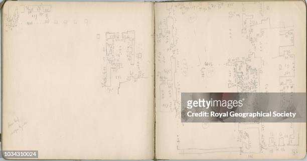 Floorplan sketch of mosque building at Hasankeyf, This image is taken from pages 62-3 of notebook 13 of 15; these contain plans of churches, copies...