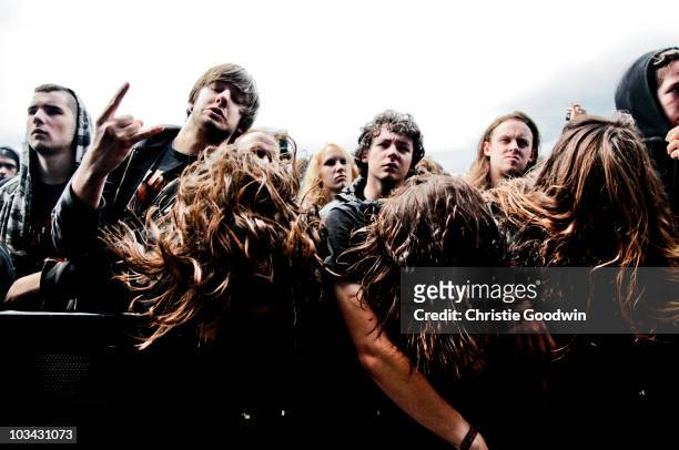General view of heavy metal fand headbanging at Bloodstock Open Air festival at Catton Hall on August 15, 2010 in Derby, England.